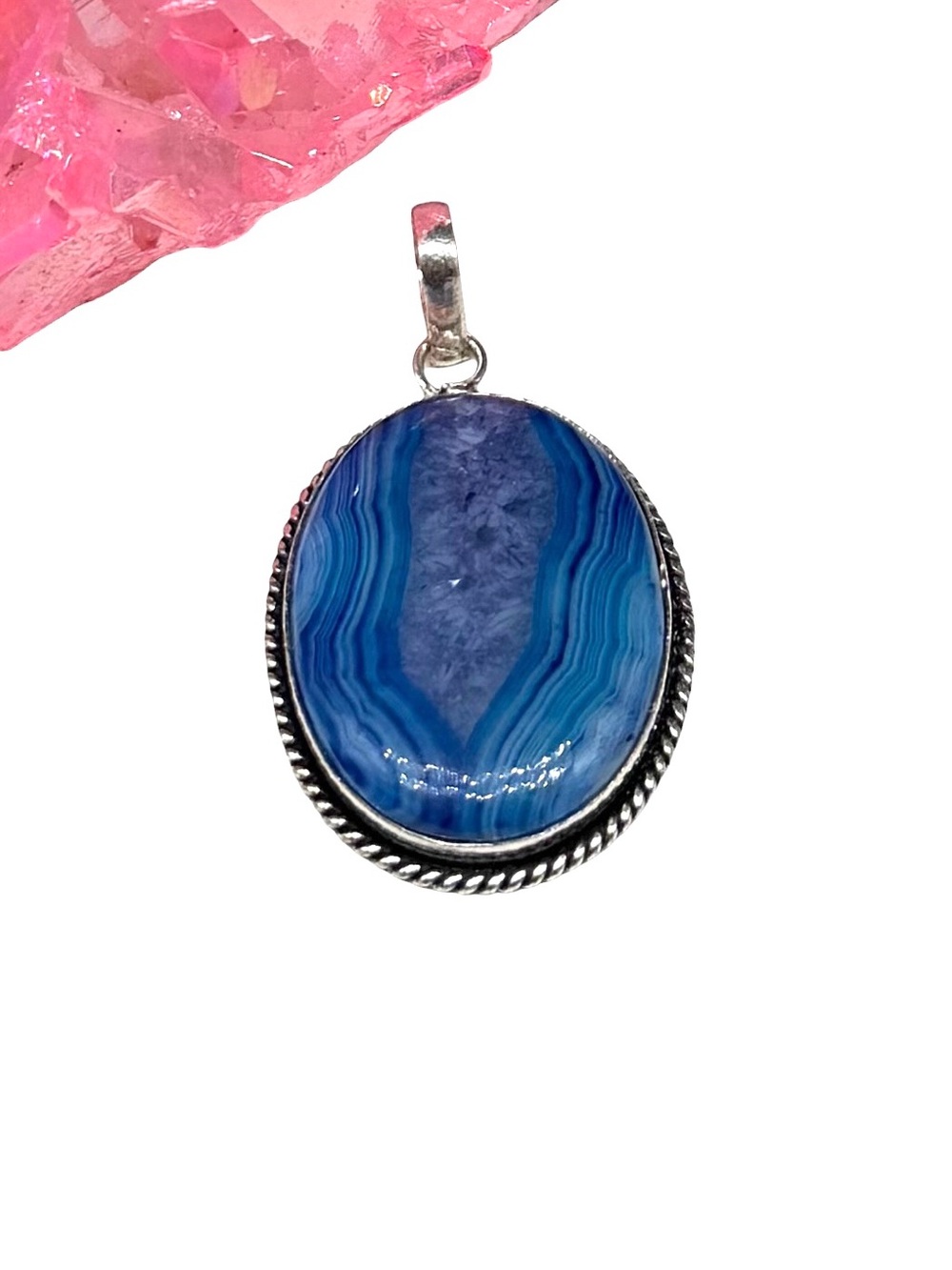 Blue Botswana Agate Necklace Pendant 925 Sterling Silver Overlay